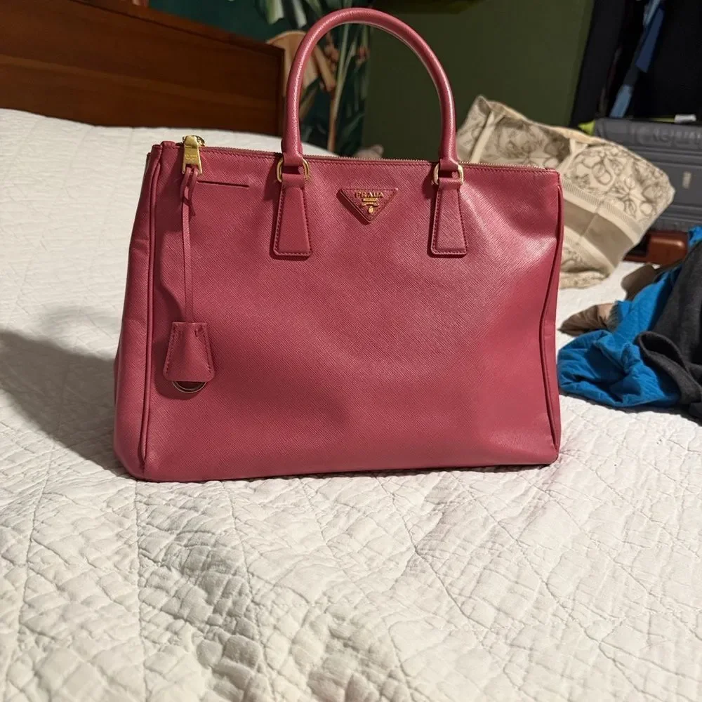Prada Dark Pink Saffiano Leather Large Double Zip Tote